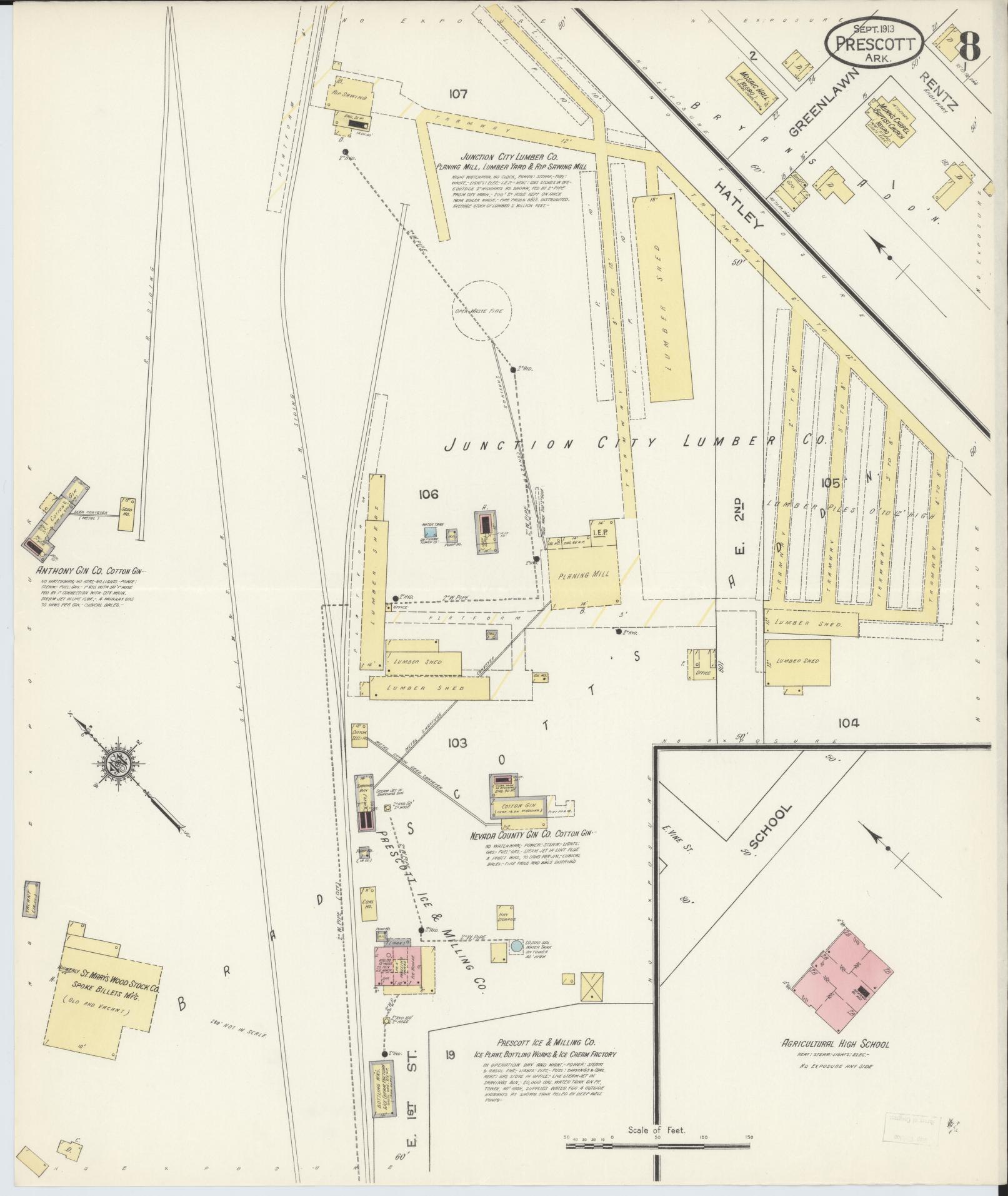 Sanborn Fire Insurance Map from Prescott, Nevada County, Arkansas (1913), Sheet #0008 - Complete Map Set gallery image, historic Sanborn map, vintage wall art, Arkansas Arkansas