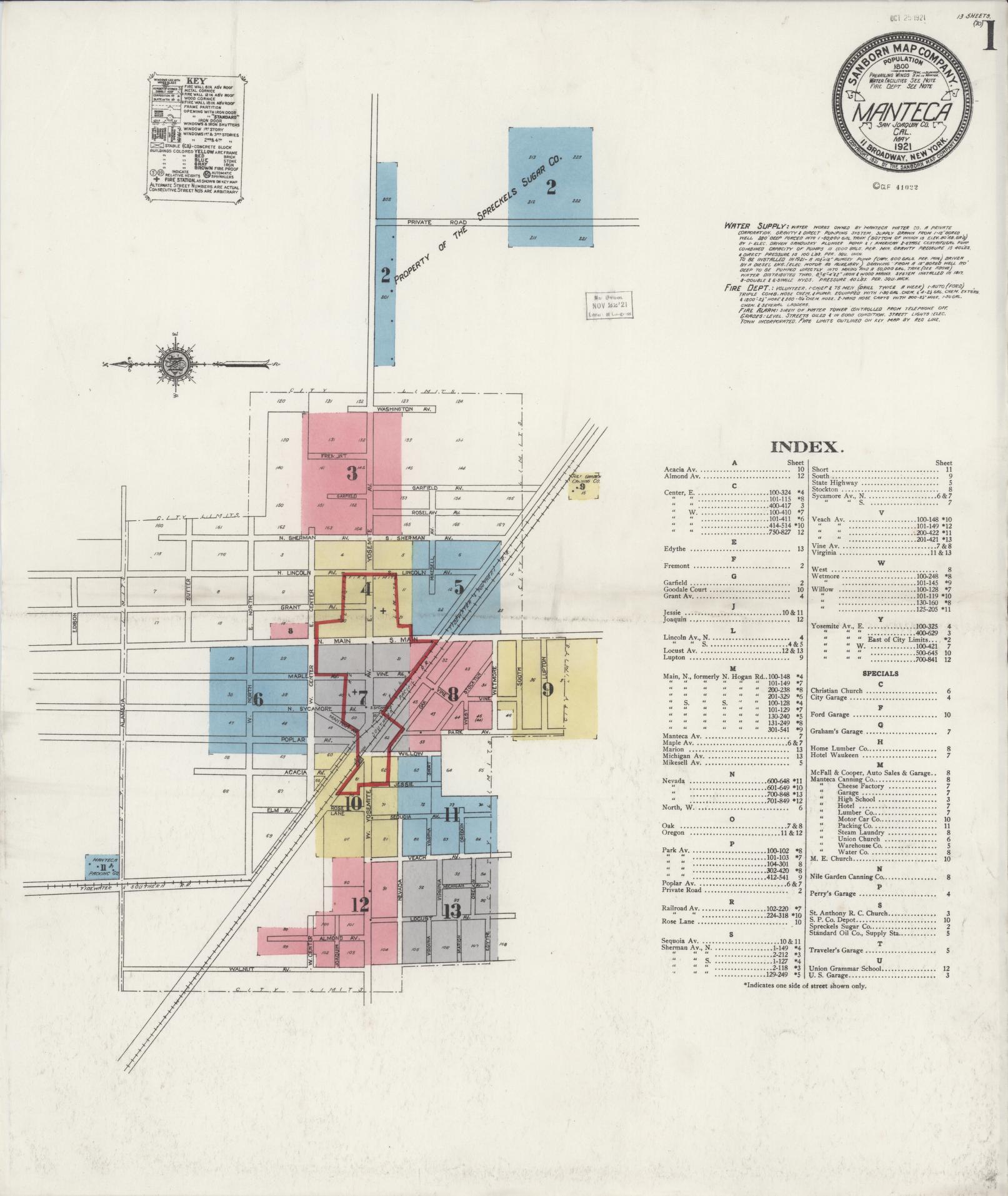 Sanborn Fire Insurance Map from Manteca, San Joaquin County, California (1921), Sheet #0001 - Historic Sanborn Fire Insurance Map Print, vintage old map wall art, antique decor, genealogy gift, California California map