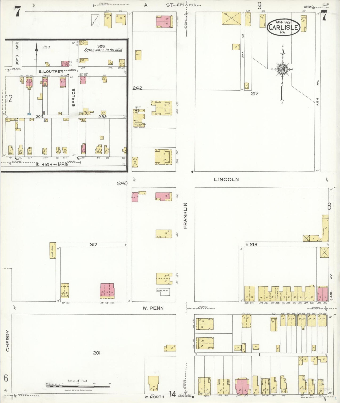 Sanborn Fire Insurance Map from Carlisle, Cumberland County, Pennsylvania (1923), Sheet #0007 - Historic Sanborn Fire Insurance Map Print, vintage old map wall art, antique decor, genealogy gift, Pennsylvania Pennsylvania map