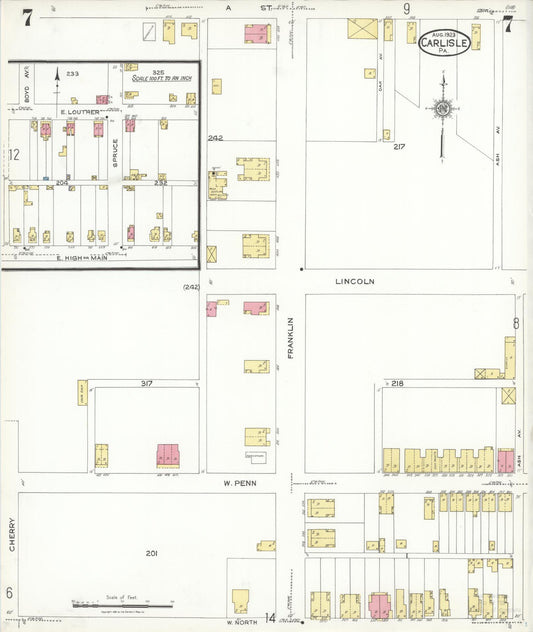 Sanborn Fire Insurance Map from Carlisle, Cumberland County, Pennsylvania (1923), Sheet #0007 - Historic Sanborn Fire Insurance Map Print, vintage old map wall art, antique decor, genealogy gift, Pennsylvania Pennsylvania map