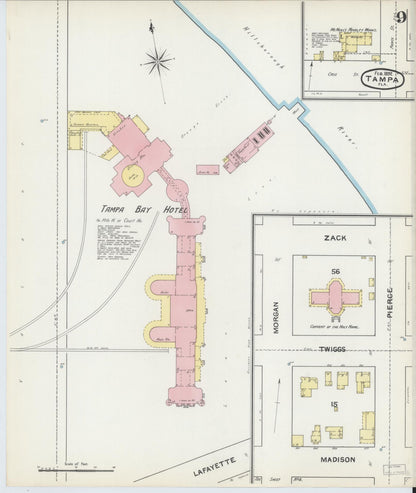 Sanborn Fire Insurance Map from Tampa, Hillsborough County, Florida (1892), Sheet #0009 - Historic Sanborn Fire Insurance Map Print, vintage old map wall art, antique decor, genealogy gift, Florida Florida map