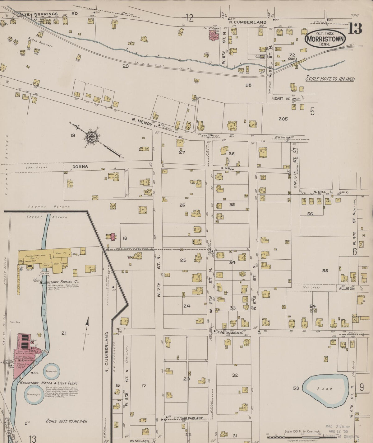 Sanborn Fire Insurance Map from Morristown, Hamblen County, Tennessee (1922), Sheet #0013 - Complete Map Set gallery image, historic Sanborn map, vintage wall art, Tennessee Tennessee