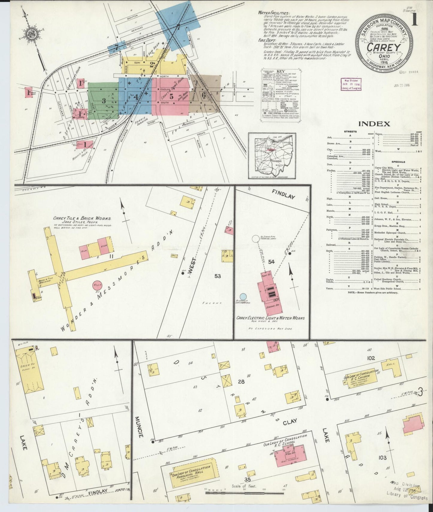 Sanborn Fire Insurance Map from Carey, Wyandot County, Ohio (1916), Sheet #0001 - Historic Sanborn Fire Insurance Map Print, vintage old map wall art, antique decor, genealogy gift, Ohio Ohio map