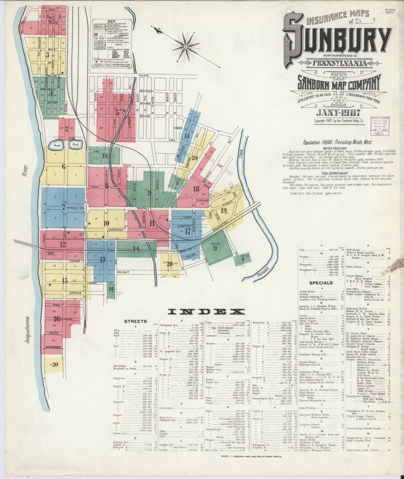 Sanborn Fire Insurance Map from Sunbury, Northumberland County, Pennsylvania (1907), Sheet #0001 - Complete Map Set gallery image, historic Sanborn map, vintage wall art, Pennsylvania Pennsylvania