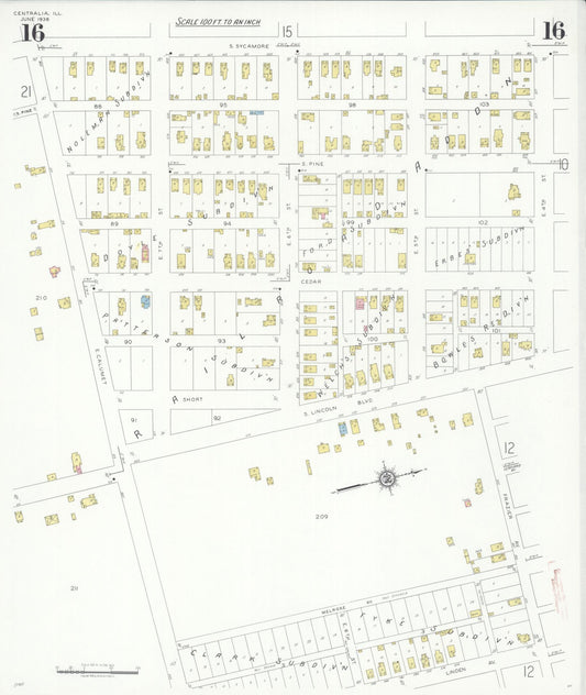 Sanborn Fire Insurance Map from Centralia, Marion, Clinton, Jefferson, and Washington Counties, Illinois (1938), Sheet #0016 - Historic Sanborn Fire Insurance Map Print, vintage old map wall art, antique decor, genealogy gift, Illinois Illinois map