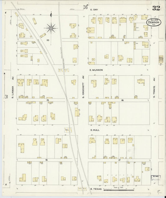 Sanborn Fire Insurance Map from Denison, Grayson County, Texas (1908), Sheet #0032 - Historic Sanborn Fire Insurance Map Print, vintage old map wall art, antique decor, genealogy gift, Texas Texas map