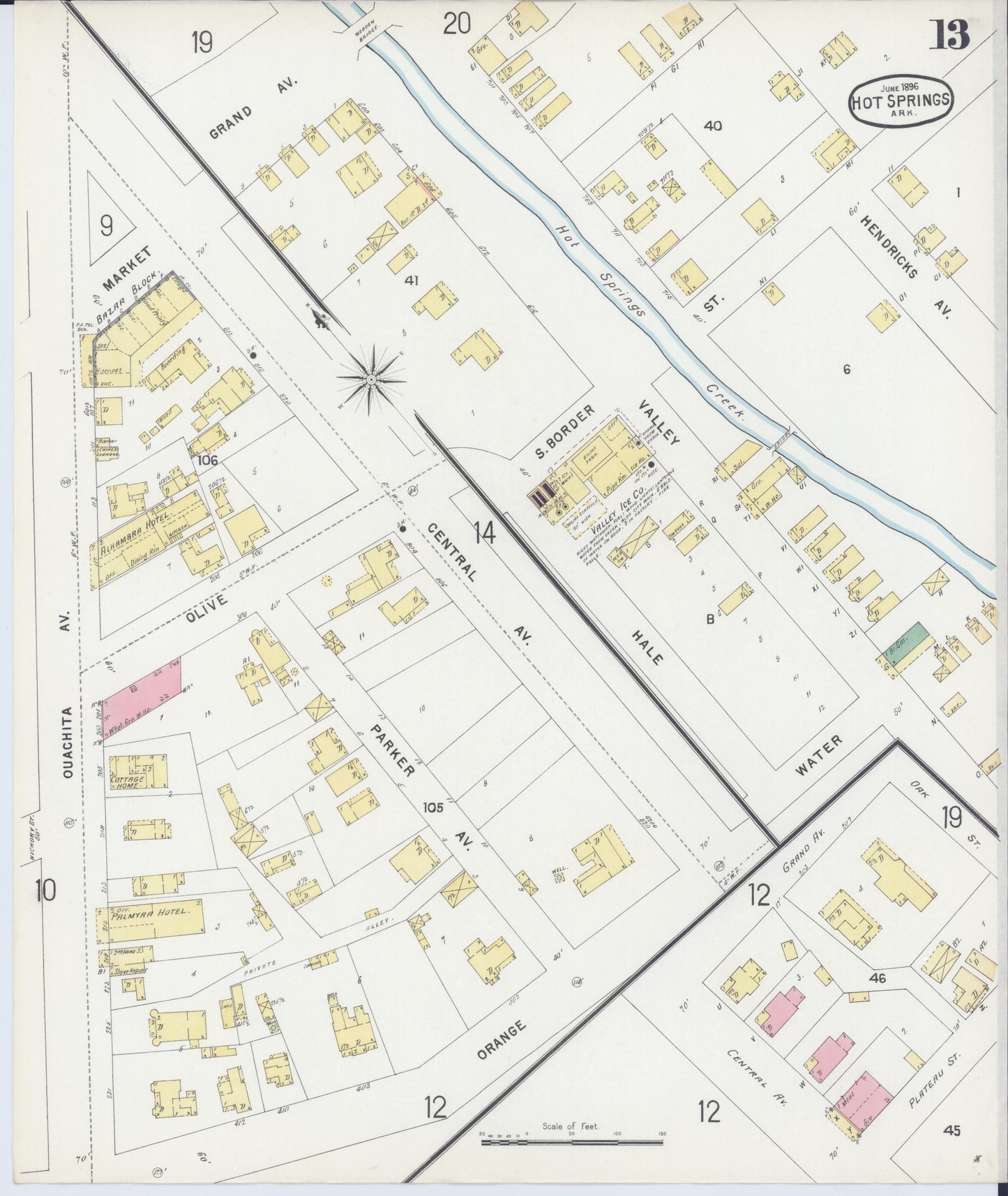 Sanborn Fire Insurance Map from Hot Springs, Garland County, Arkansas (1896), Sheet #0013 - Historic Sanborn Fire Insurance Map Print, vintage old map wall art, antique decor, genealogy gift, Arkansas Arkansas map
