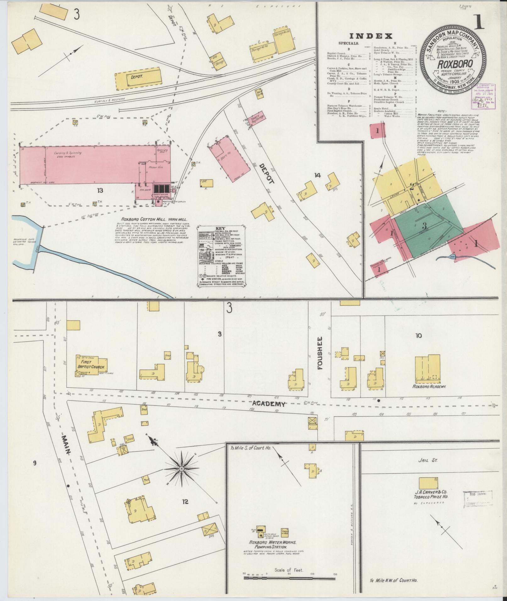 Sanborn Fire Insurance Map from Roxboro, Person County, North Carolina (1905), Sheet #0001 - Historic Sanborn Fire Insurance Map Print, vintage old map wall art, antique decor, genealogy gift, North Carolina North Carolina map