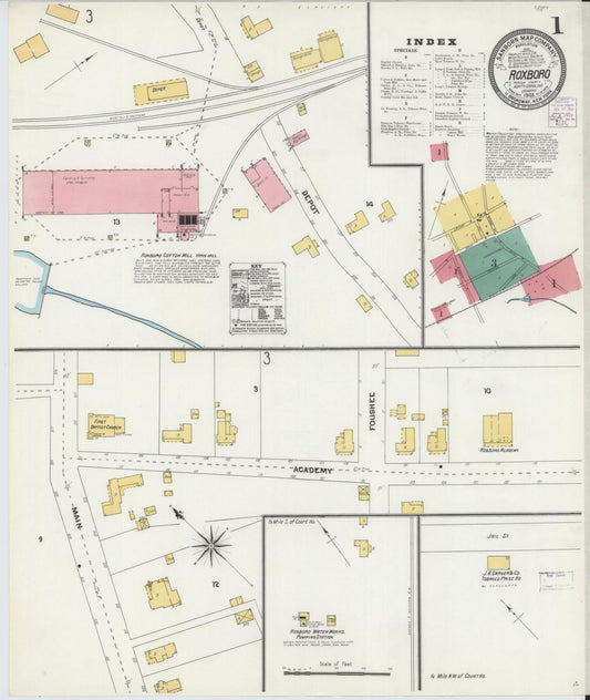 Sanborn Fire Insurance Map from Roxboro, Person County, North Carolina (1905), Sheet #0001 - Historic Sanborn Fire Insurance Map Print, vintage old map wall art, antique decor, genealogy gift, North Carolina North Carolina map