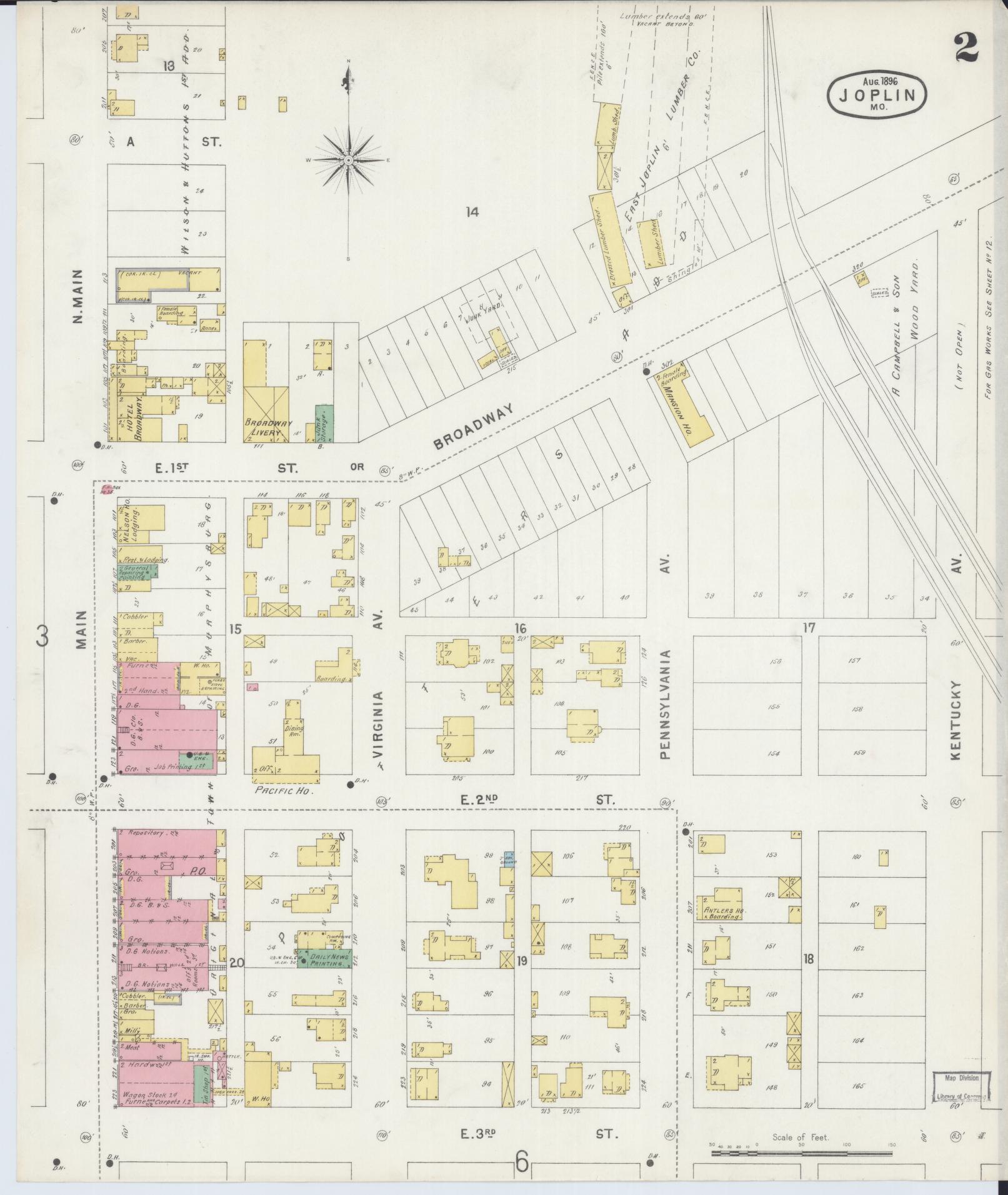 Sanborn Fire Insurance Map from Joplin, Jasper County, Missouri (1896), Sheet #0002 - Complete Map Set gallery image, historic Sanborn map, vintage wall art, Missouri Missouri