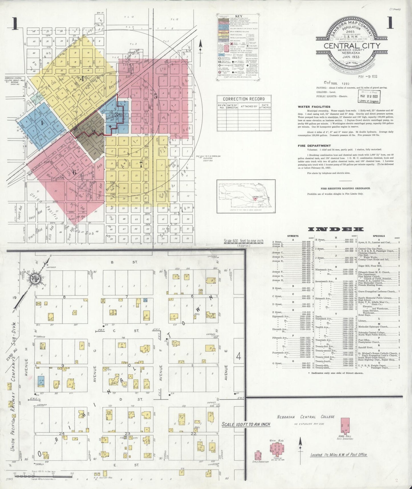 Sanborn Fire Insurance Map from Central City, Merrick County, Nebraska (1933), Sheet #0001 - Complete Map Set gallery image, historic Sanborn map, vintage wall art, Nebraska Nebraska