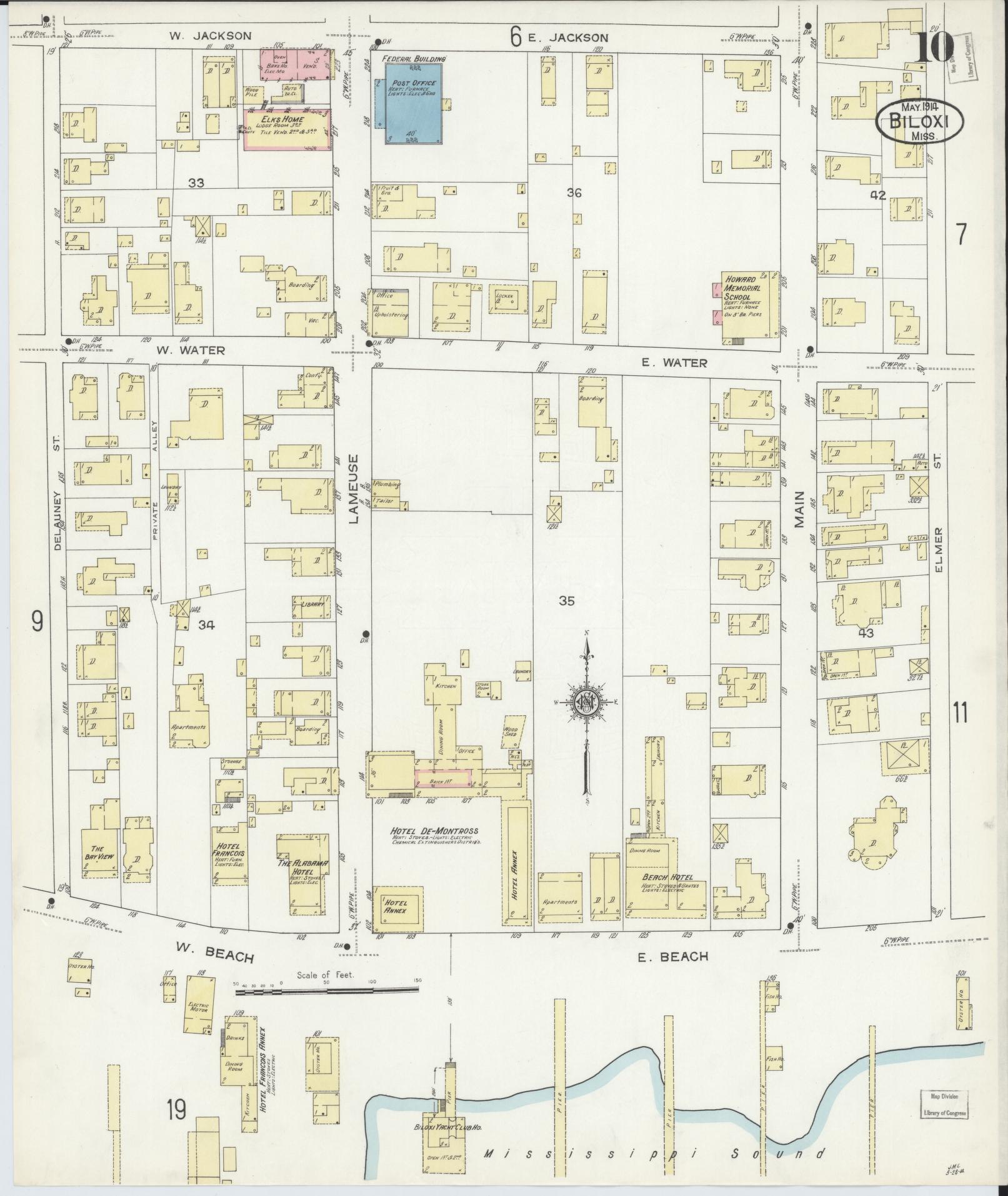 Sanborn Fire Insurance Map from Biloxi, Harrison County, Mississippi (1914), Sheet #0010 - Historic Sanborn Fire Insurance Map Print, vintage old map wall art, antique decor, genealogy gift, Mississippi Mississippi map