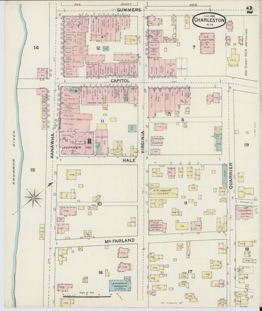 Sanborn Fire Insurance Map from Charleston, Kanawha County, West Virginia (1888), Sheet #0002 - Historic Sanborn Fire Insurance Map Print, vintage old map wall art, antique decor, genealogy gift, West Virginia West Virginia map