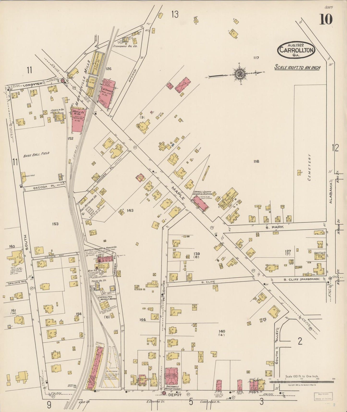 Sanborn Fire Insurance Map from Carrollton, Carroll County, Georgia (1922), Sheet #0010 - Complete Map Set gallery image, historic Sanborn map, vintage wall art, Georgia Georgia