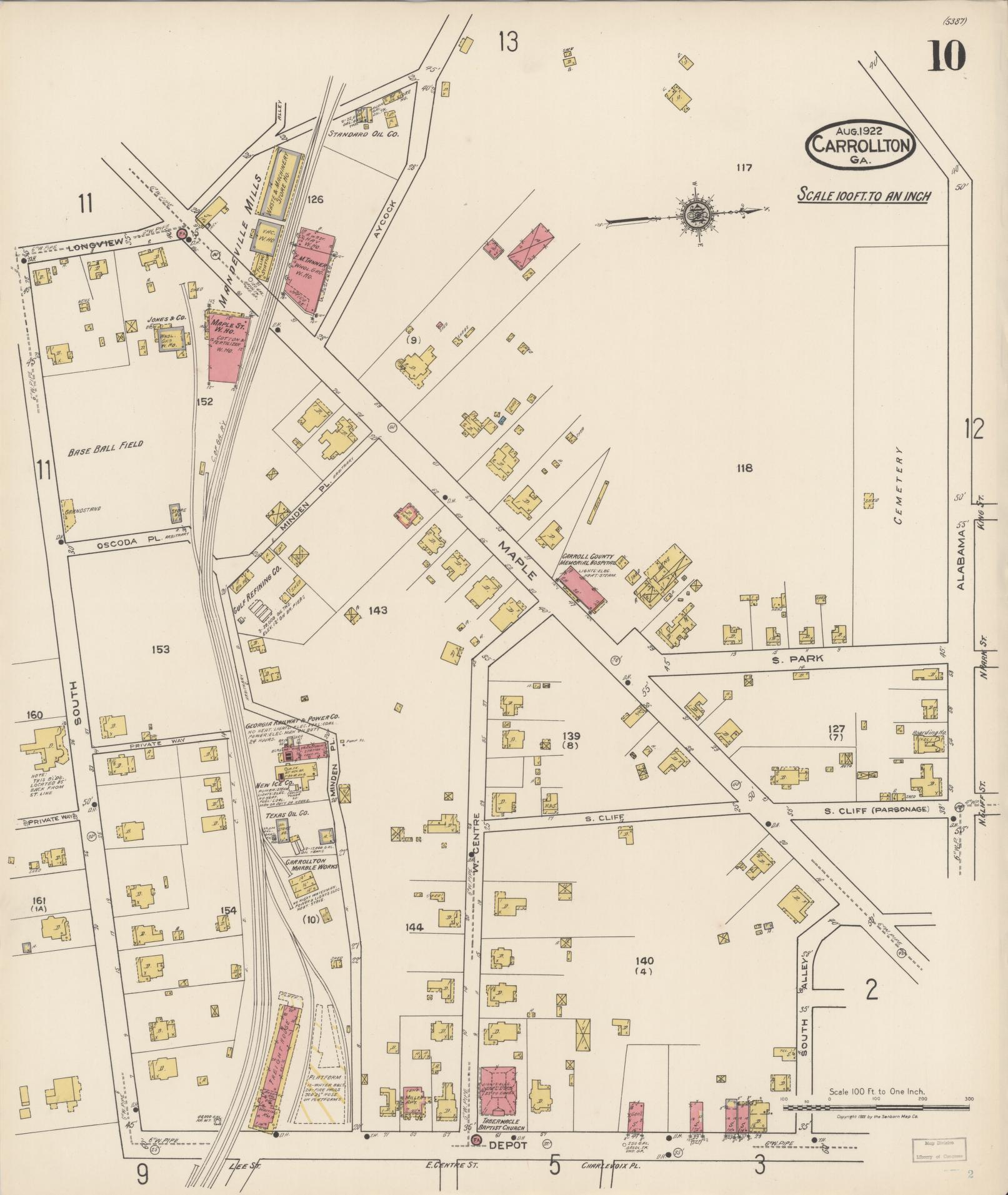 Sanborn Fire Insurance Map from Carrollton, Carroll County, Georgia (1922), Sheet #0010 - Complete Map Set gallery image, historic Sanborn map, vintage wall art, Georgia Georgia