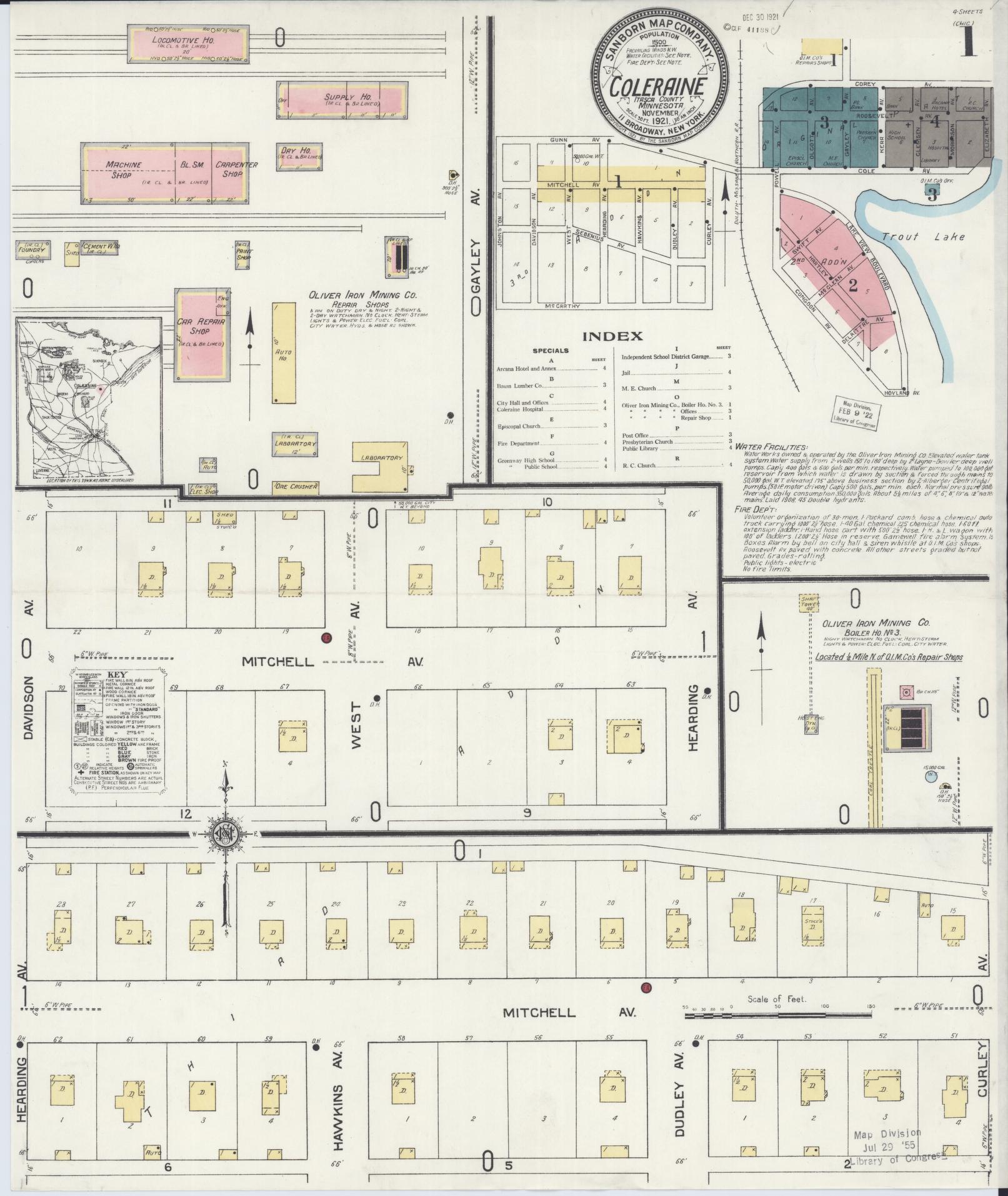 Sanborn Fire Insurance Map from Coleraine, Itasca County, Minnesota (1921), Sheet #0001 - Historic Sanborn Fire Insurance Map Print, vintage old map wall art, antique decor, genealogy gift, Minnesota Minnesota map