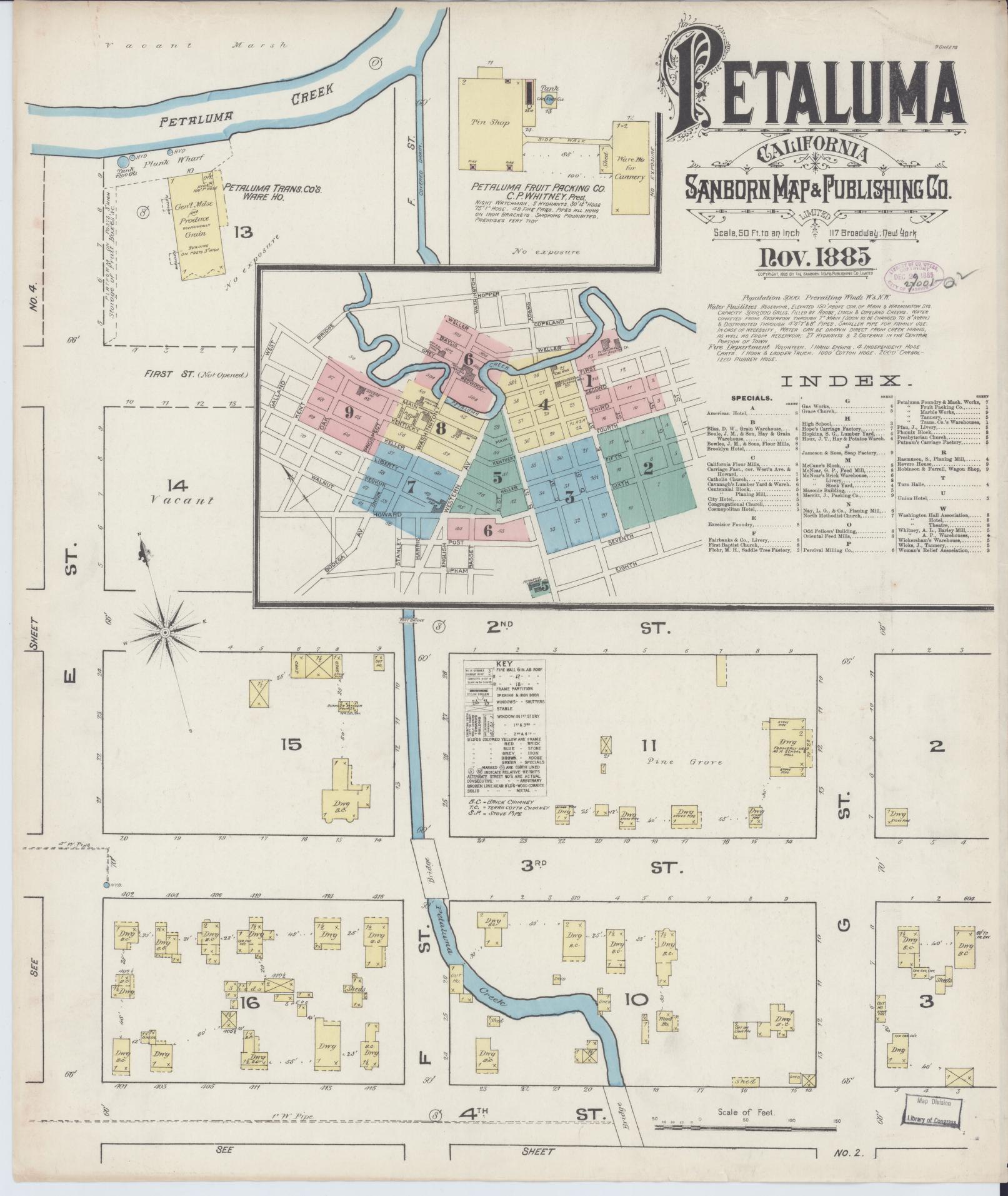 Sanborn Fire Insurance Map from Petaluma, Sonoma County, California (1885), Sheet #0001 - Complete Map Set gallery image, historic Sanborn map, vintage wall art, California California