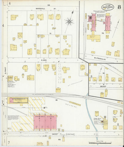Sanborn Fire Insurance Map from Anderson, Anderson County, South Carolina (1906), Sheet #0008 - Complete Map Set gallery image, historic Sanborn map, vintage wall art, South Carolina South Carolina