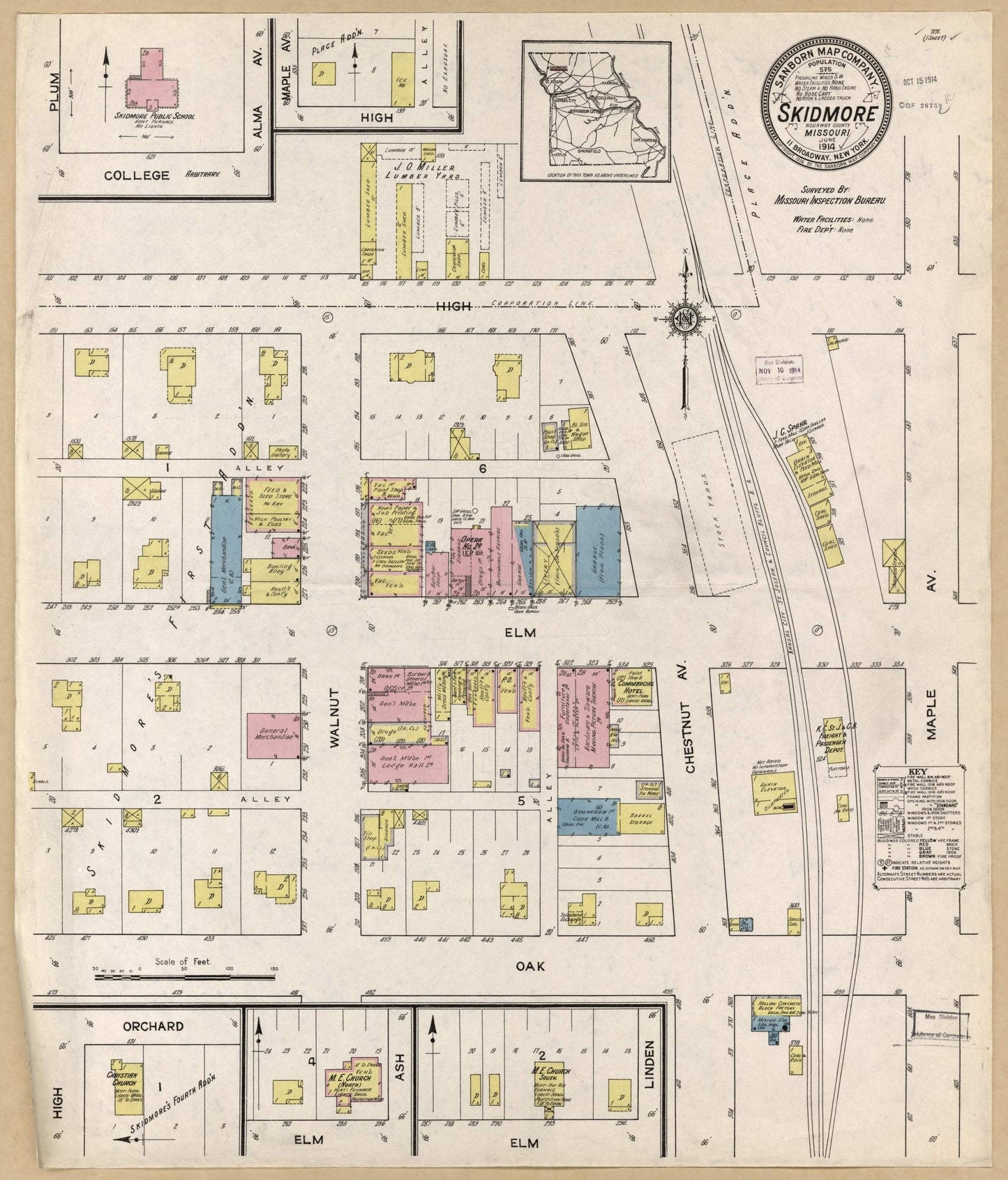 Sanborn Fire Insurance Map from Skidmore, Nodaway County, Missouri (1914), Sheet #0001 - Historic Sanborn Fire Insurance Map Print, vintage old map wall art, antique decor, genealogy gift, Missouri Missouri map