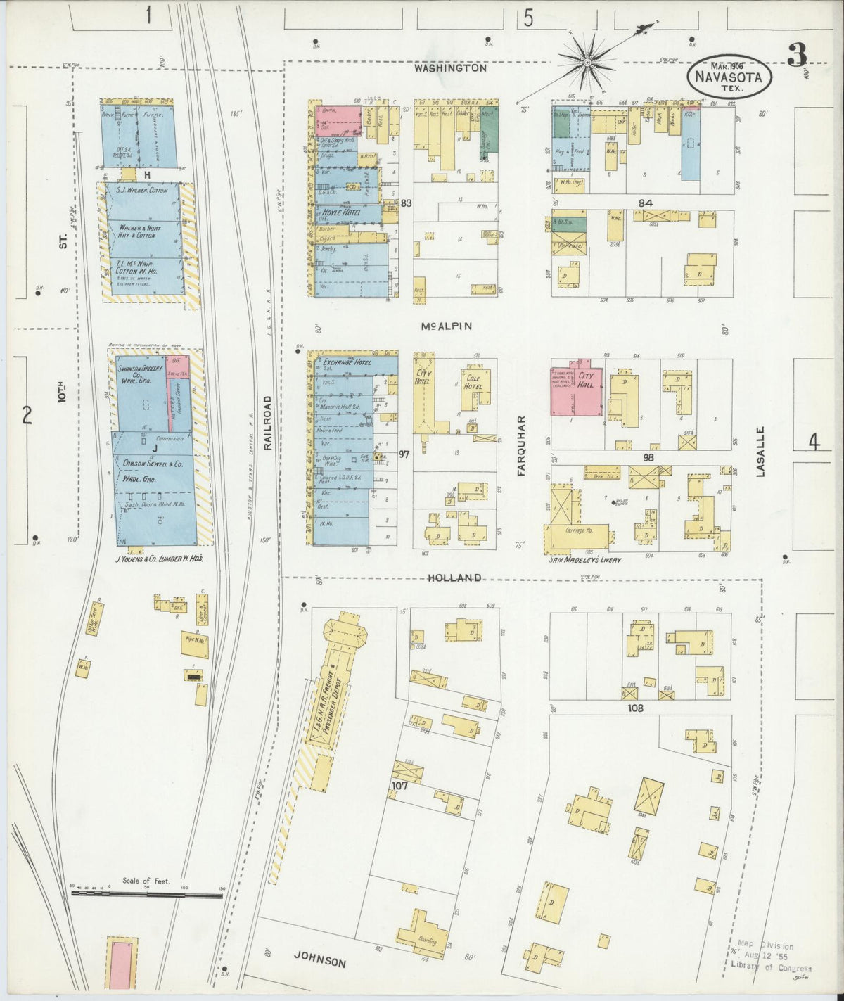 Sanborn Fire Insurance Map from Navasota, Grimes County, Texas (1906), Sheet #0003 - Complete Map Set gallery image, historic Sanborn map, vintage wall art, Texas Texas