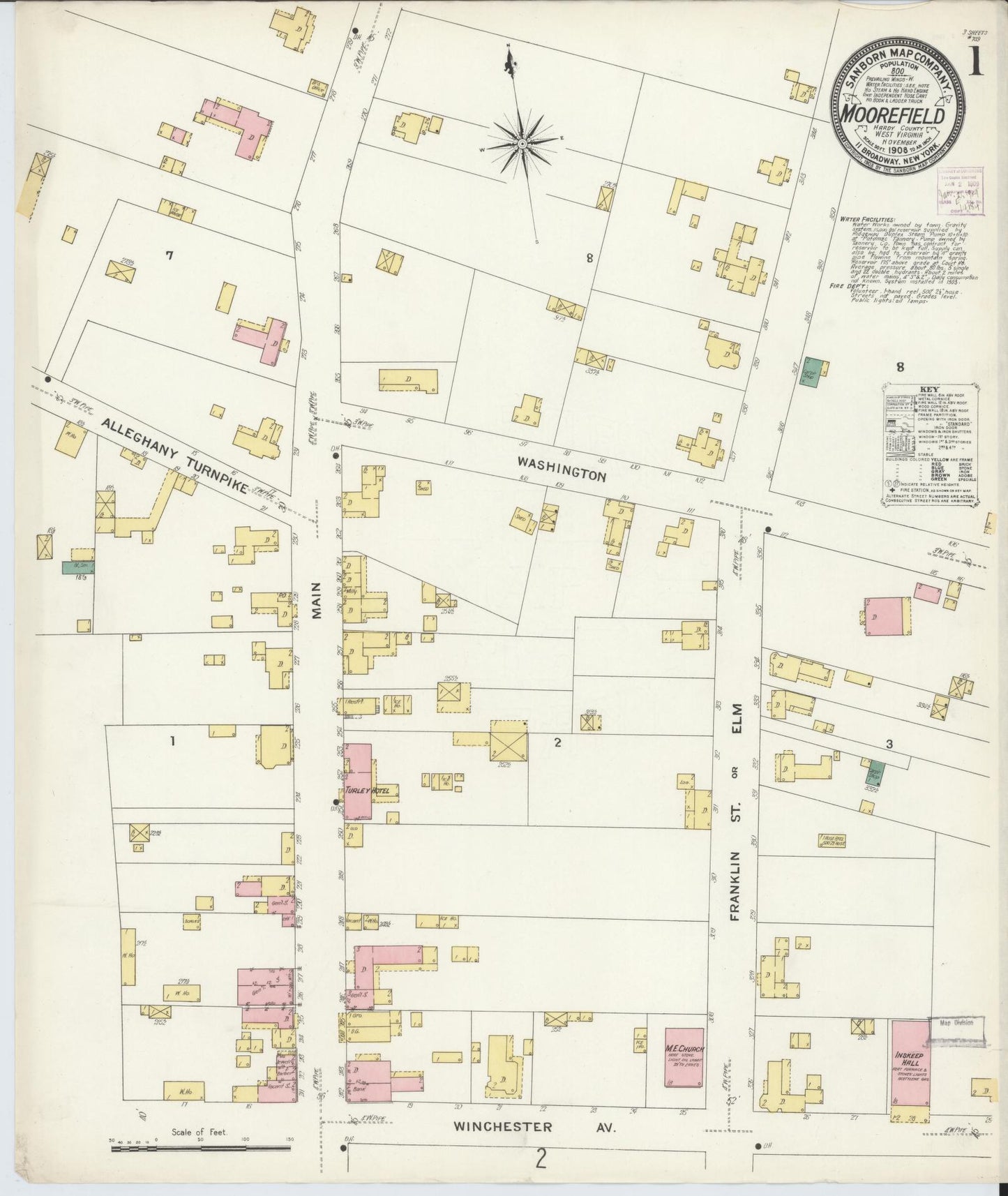 Sanborn Fire Insurance Map from Moorefield, Hardy County, West Virginia (1908), Sheet #0001 - Complete Map Set gallery image, historic Sanborn map, vintage wall art, West Virginia West Virginia