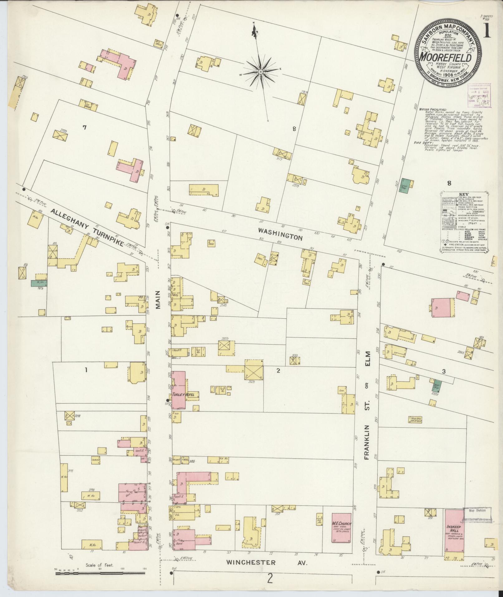 Sanborn Fire Insurance Map from Moorefield, Hardy County, West Virginia (1908), Sheet #0001 - Complete Map Set gallery image, historic Sanborn map, vintage wall art, West Virginia West Virginia