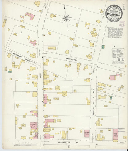 Sanborn Fire Insurance Map from Moorefield, Hardy County, West Virginia (1908), Sheet #0001 - Complete Map Set gallery image, historic Sanborn map, vintage wall art, West Virginia West Virginia