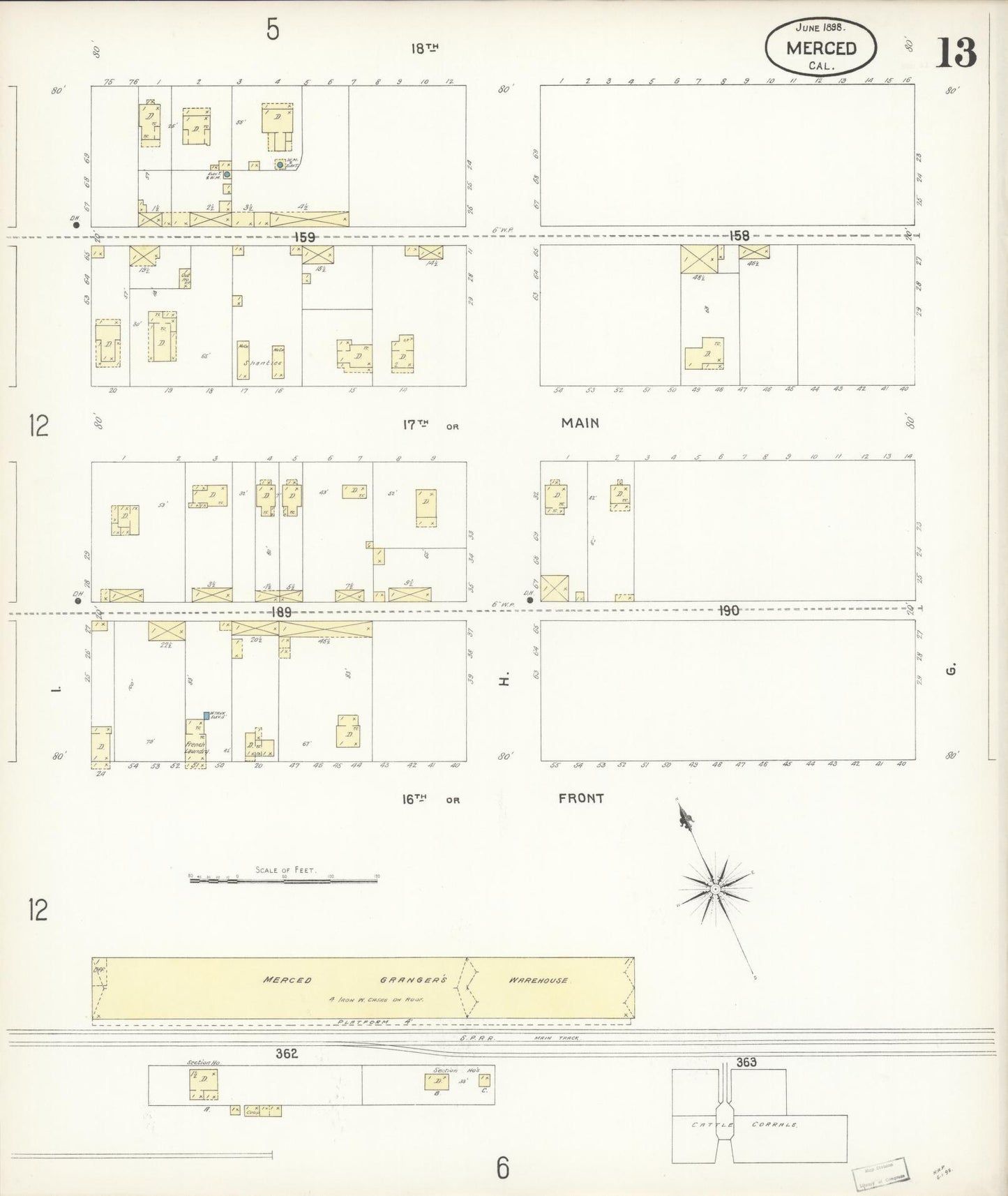 Sanborn Fire Insurance Map from Merced, Merced County, California (1898), Sheet #0013 - Historic Sanborn Fire Insurance Map Print, vintage old map wall art, antique decor, genealogy gift, California California map