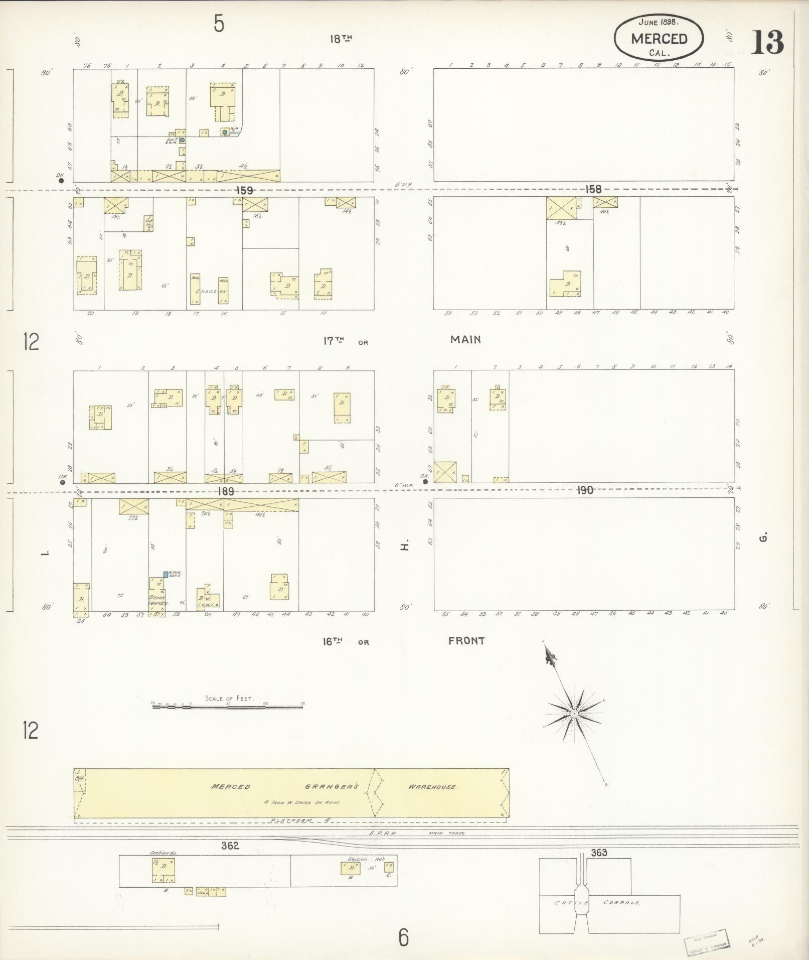 Sanborn Fire Insurance Map from Merced, Merced County, California (1898), Sheet #0013 - Historic Sanborn Fire Insurance Map Print, vintage old map wall art, antique decor, genealogy gift, California California map