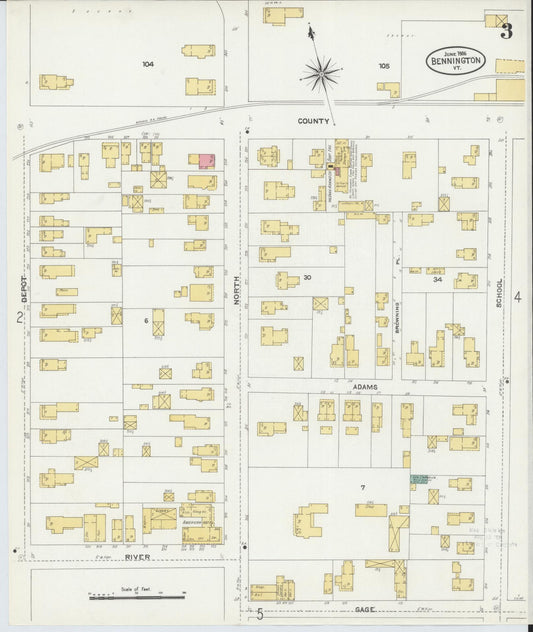 Sanborn Fire Insurance Map from Bennington, Bennington County, Vermont (1906), Sheet #0003 - Historic Sanborn Fire Insurance Map Print, vintage old map wall art, antique decor, genealogy gift, Vermont Vermont map