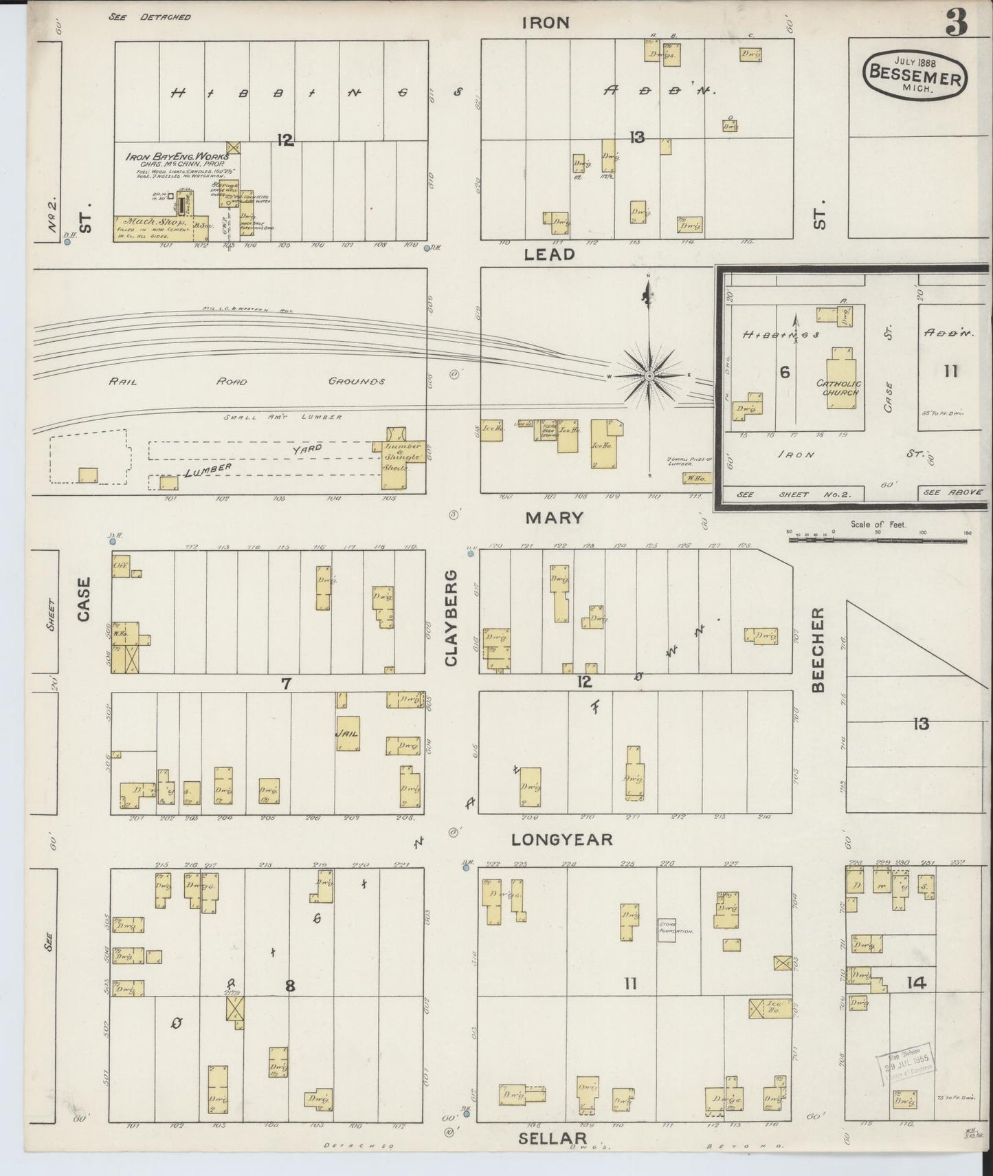 Sanborn Fire Insurance Map from Bessemer, Gogebic County, Michigan (1888), Sheet #0003 - Historic Sanborn Fire Insurance Map Print, vintage old map wall art, antique decor, genealogy gift, Michigan Michigan map