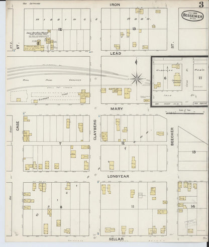 Sanborn Fire Insurance Map from Bessemer, Gogebic County, Michigan (1888), Sheet #0003 - Historic Sanborn Fire Insurance Map Print, vintage old map wall art, antique decor, genealogy gift, Michigan Michigan map
