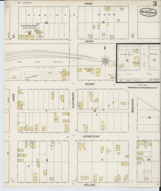 Sanborn Fire Insurance Map from Bessemer, Gogebic County, Michigan (1888), Sheet #0003 - Historic Sanborn Fire Insurance Map Print, vintage old map wall art, antique decor, genealogy gift, Michigan Michigan map