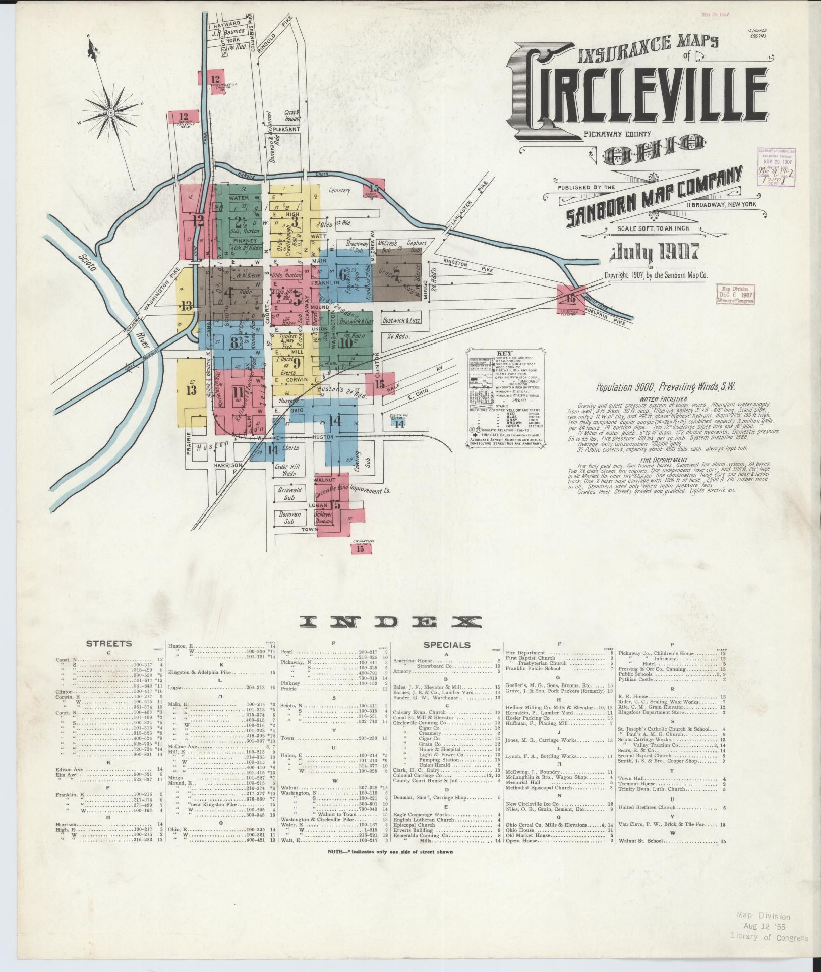 Sanborn Fire Insurance Map from Circleville, Pickaway County, Ohio (1907), Sheet #0001 - Historic Sanborn Fire Insurance Map Print, vintage old map wall art, antique decor, genealogy gift, Ohio Ohio map