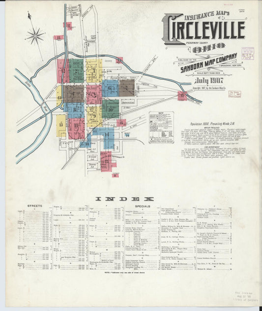 Sanborn Fire Insurance Map from Circleville, Pickaway County, Ohio (1907), Sheet #0001 - Historic Sanborn Fire Insurance Map Print, vintage old map wall art, antique decor, genealogy gift, Ohio Ohio map