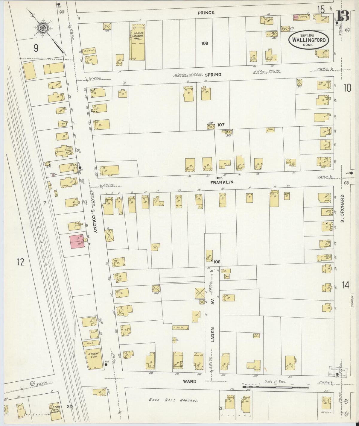 Sanborn Fire Insurance Map from Wallingford, New Haven County, Connecticut (1911), Sheet #0013 - Historic Sanborn Fire Insurance Map Print, vintage old map wall art, antique decor, genealogy gift, Connecticut Connecticut map