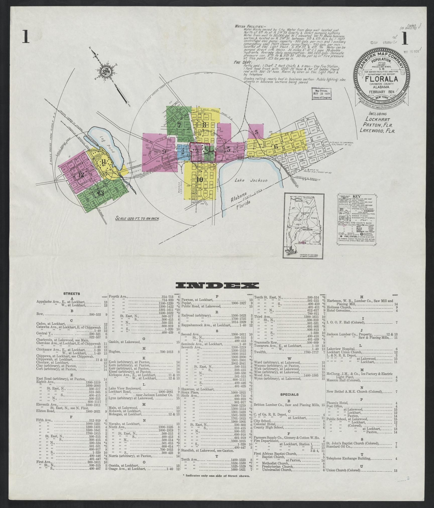 Sanborn Fire Insurance Map from Florala, Covington County, Alabama (1924), Sheet #0001 - Historic Sanborn Fire Insurance Map Print, vintage old map wall art, antique decor, genealogy gift, Florida Florida map