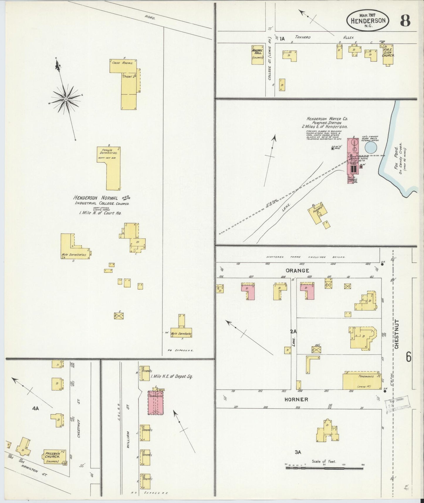 Sanborn Fire Insurance Map from Henderson, Vance County, North Carolina (1907), Sheet #0008 - Complete Map Set gallery image, historic Sanborn map, vintage wall art, North Carolina North Carolina