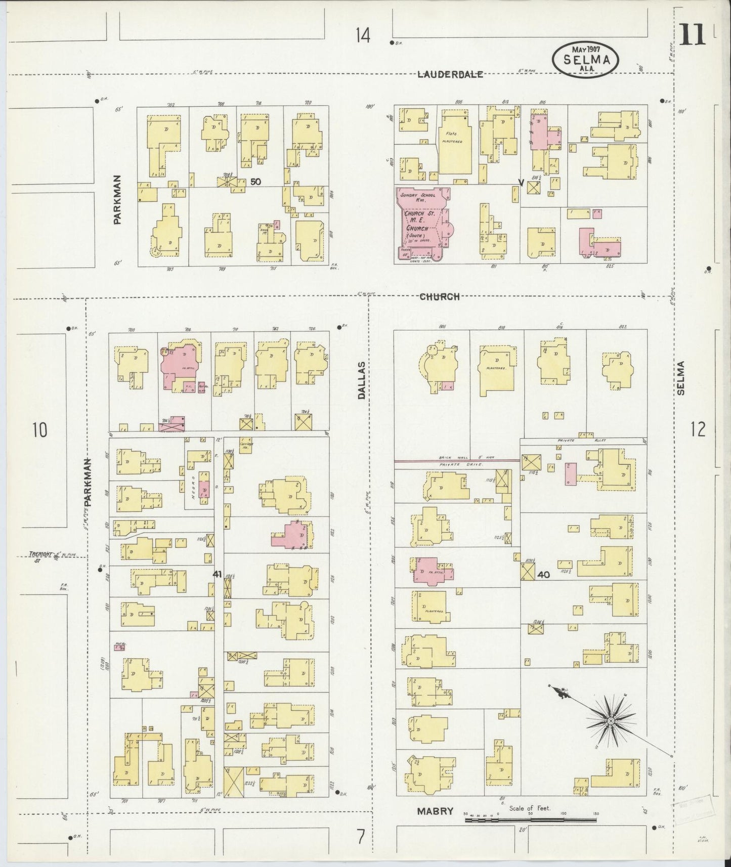Sanborn Fire Insurance Map from Selma, Dallas County, Alabama (1907), Sheet #0011 - Historic Sanborn Fire Insurance Map Print, vintage old map wall art, antique decor, genealogy gift, Alabama Alabama map