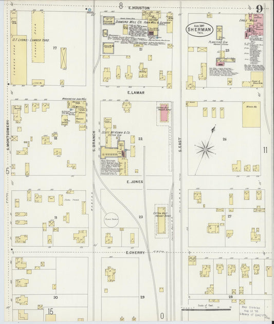 Sanborn Fire Insurance Map from Sherman, Grayson County, Texas (1897), Sheet #0009 - Historic Sanborn Fire Insurance Map Print, vintage old map wall art, antique decor, genealogy gift, Texas Texas map
