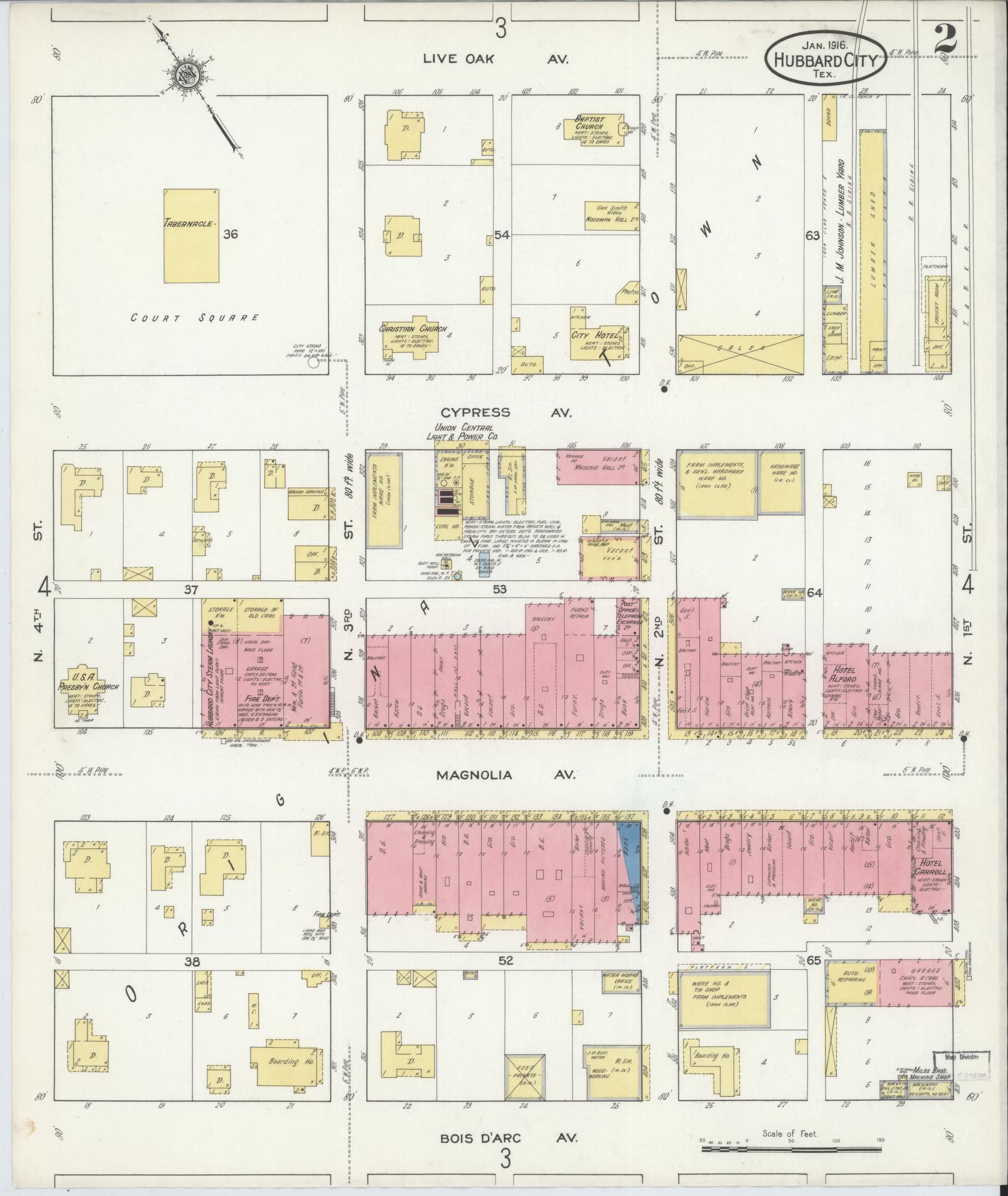 Sanborn Fire Insurance Map from Hubbard, Hill County, Texas (1916), Sheet #0002 - Historic Sanborn Fire Insurance Map Print, vintage old map wall art, antique decor, genealogy gift, Texas Texas map
