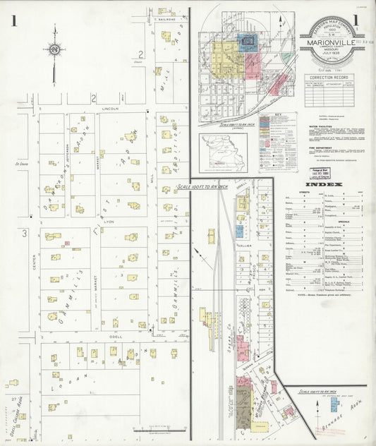 Sanborn Fire Insurance Map from Marionville, Lawrence County, Missouri (1938), Sheet #0001 - Historic Sanborn Fire Insurance Map Print, vintage old map wall art, antique decor, genealogy gift, Missouri Missouri map
