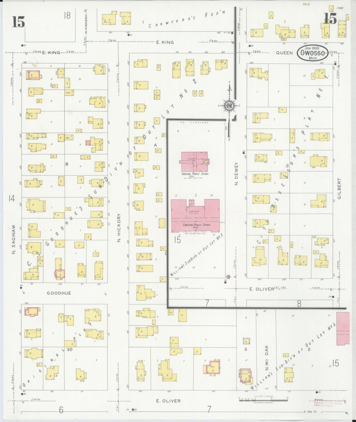 Sanborn Fire Insurance Map from Owosso, Shiawassee County, Michigan (1930), Sheet #0015 - Historic Sanborn Fire Insurance Map Print, vintage old map wall art, antique decor, genealogy gift, Michigan Michigan map