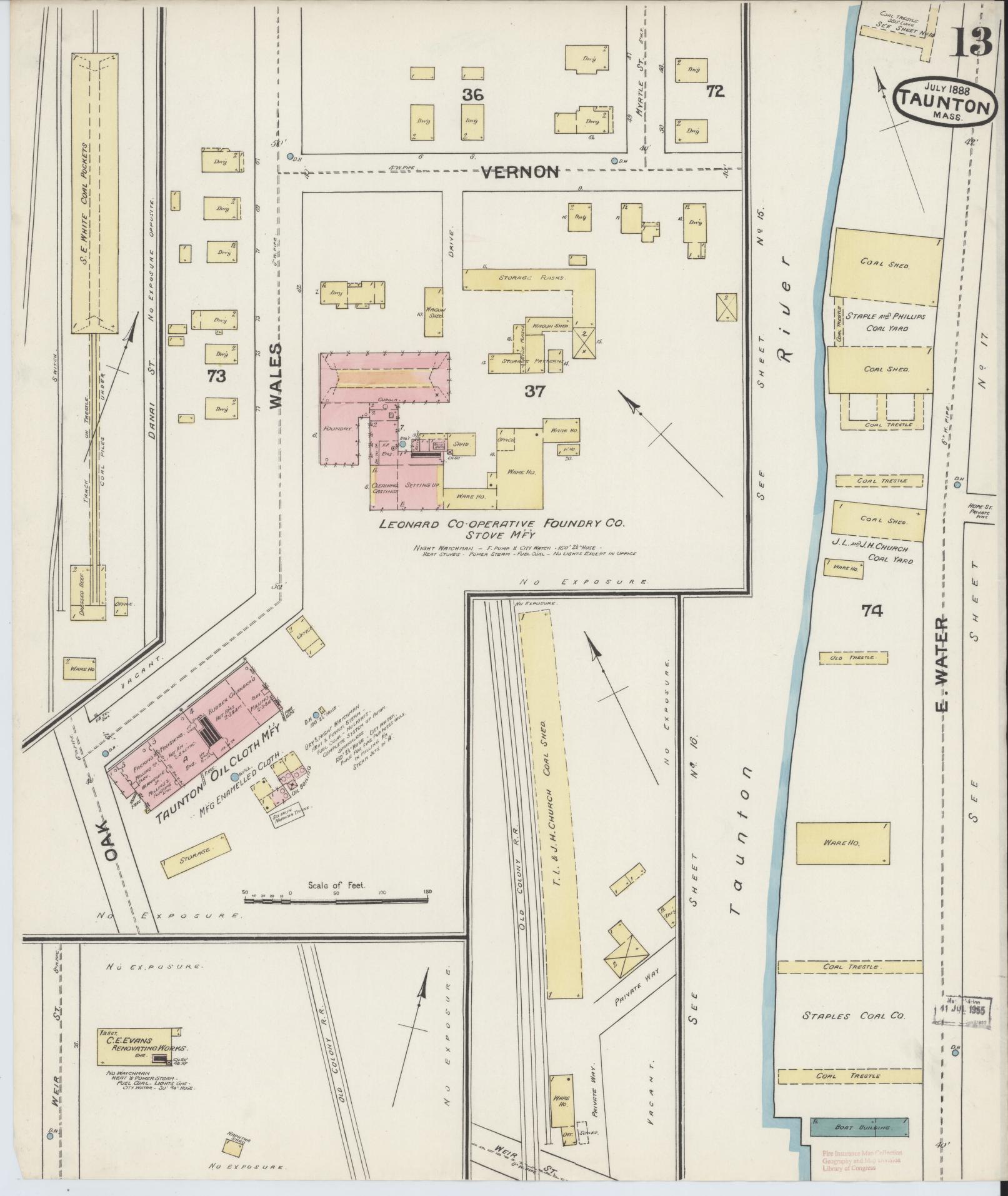 Sanborn Fire Insurance Map from Taunton, Bristol County, Massachusetts (1888), Sheet #0013 - Complete Map Set gallery image, historic Sanborn map, vintage wall art, Massachusetts Massachusetts