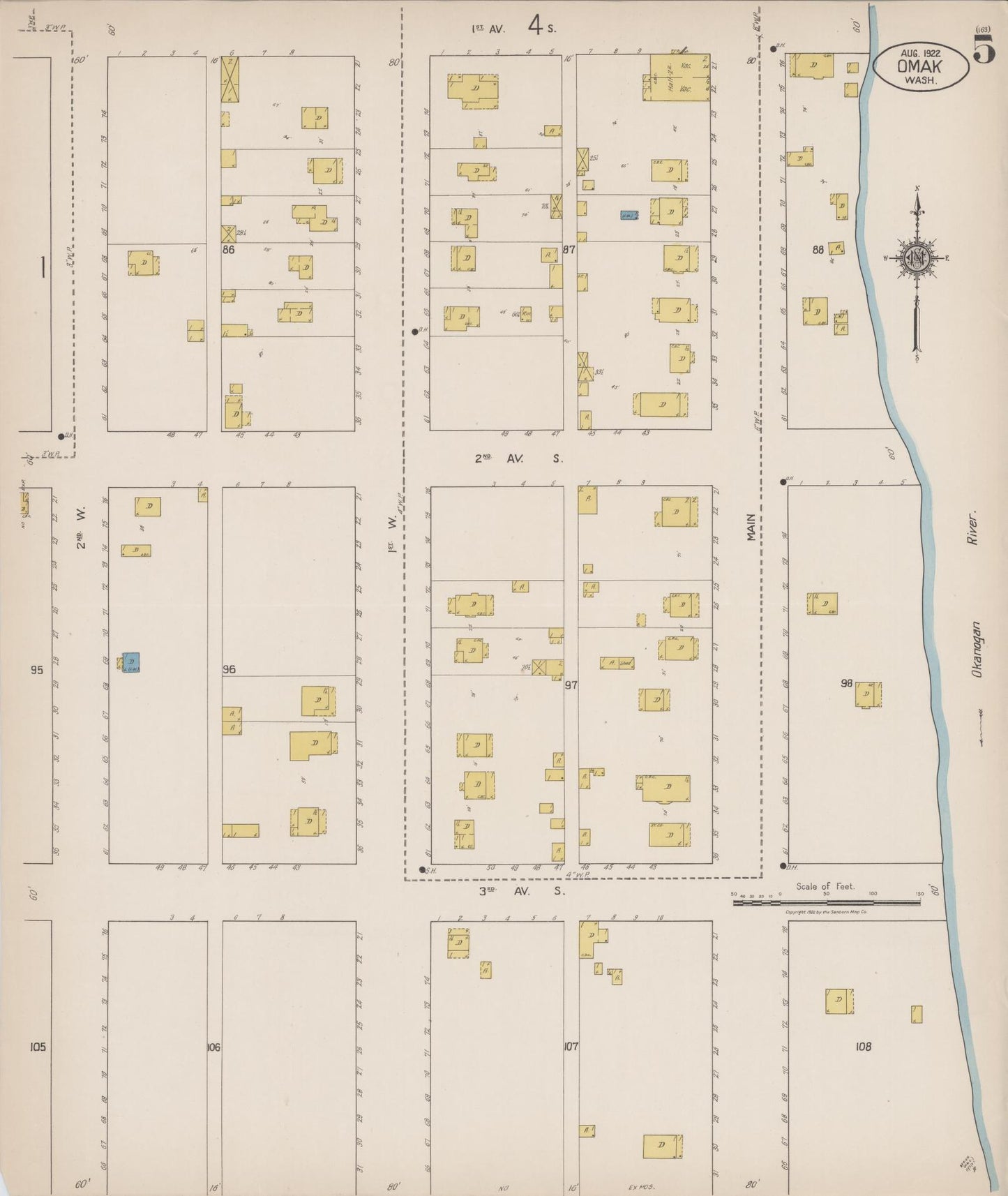 Sanborn Fire Insurance Map from Omak, Okanogan County, Washington (1922), Sheet #0005 - Complete Map Set gallery image, historic Sanborn map, vintage wall art, Washington Washington