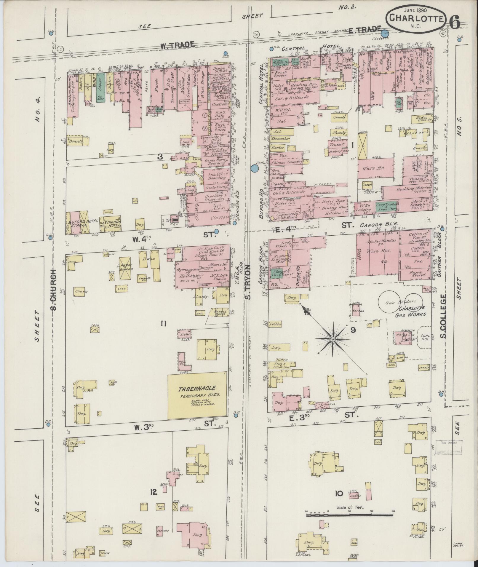 Sanborn Fire Insurance Map from Charlotte, Mecklenburg County, North Carolina (1890), Sheet #0006 - Complete Map Set gallery image, historic Sanborn map, vintage wall art, North Carolina North Carolina