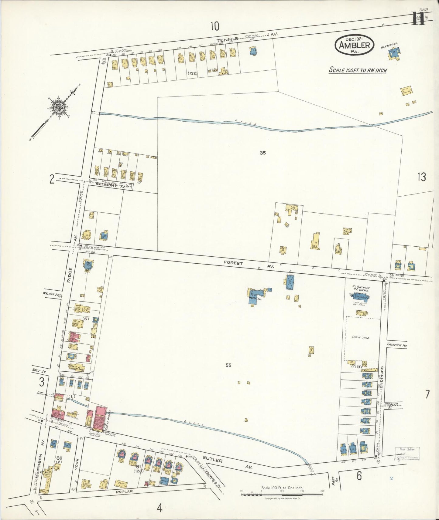 Sanborn Fire Insurance Map from Ambler, Montgomery County, Pennsylvania (1921), Sheet #0011 - Historic Sanborn Fire Insurance Map Print, vintage old map wall art, antique decor, genealogy gift, Pennsylvania Pennsylvania map