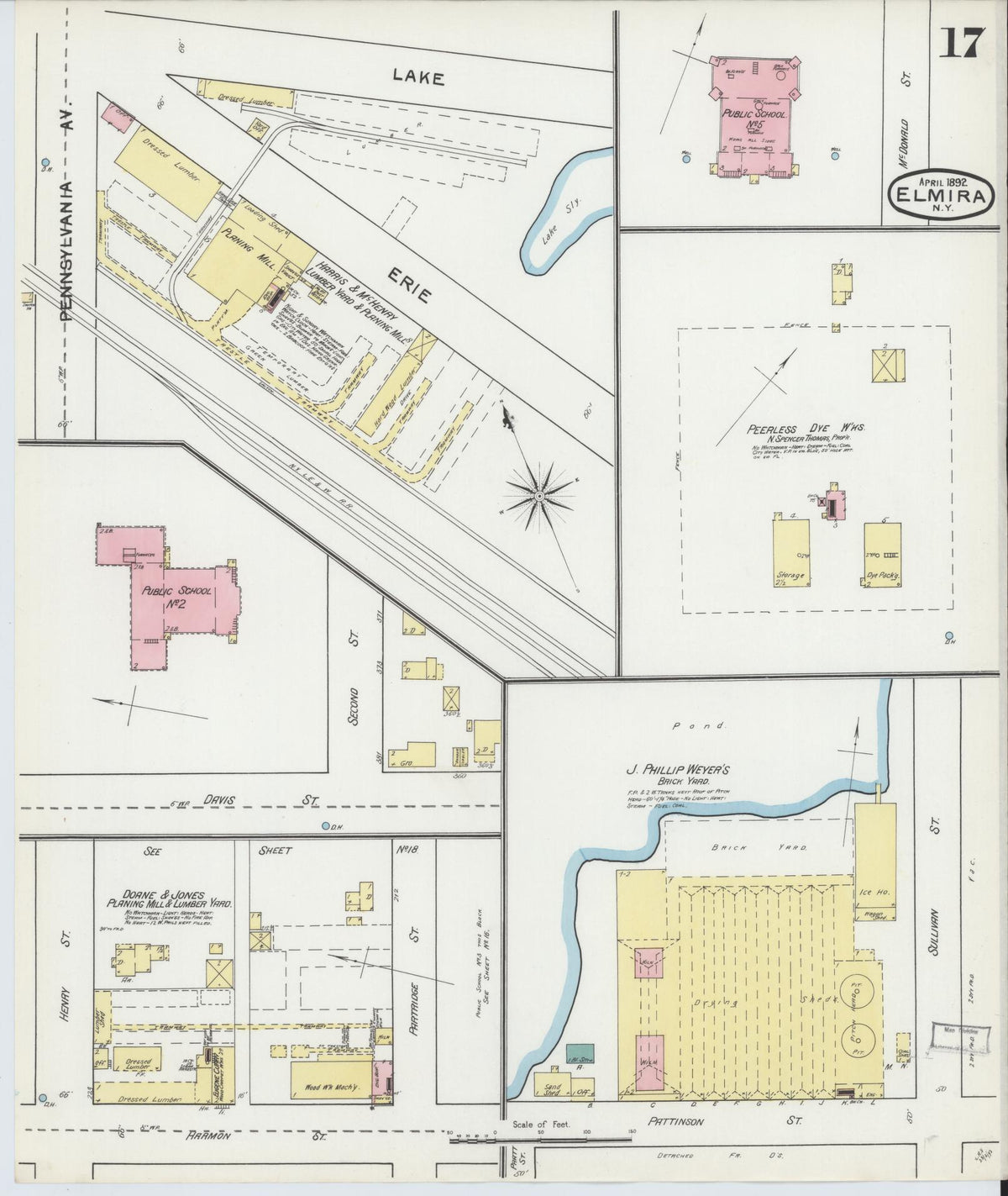 Sanborn Fire Insurance Map from Elmira, Chemung County, New York (1892), Sheet #0017 - Historic Sanborn Fire Insurance Map Print, vintage old map wall art, antique decor, genealogy gift, New York New York map