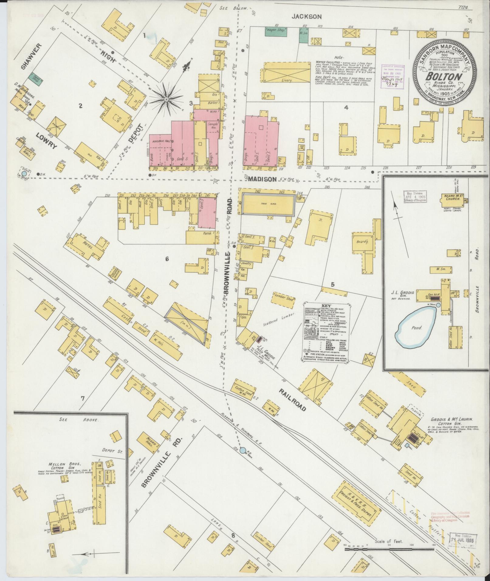 Sanborn Fire Insurance Map from Bolton, Hinds County, Mississippi (1905), Sheet #0001 - Historic Sanborn Fire Insurance Map Print, vintage old map wall art, antique decor, genealogy gift, Mississippi Mississippi map