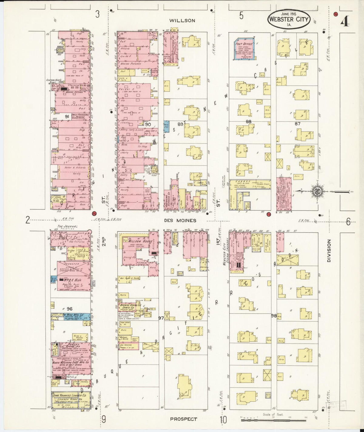 Sanborn Fire Insurance Map from Webster City, Hamilton County, Iowa (1915), Sheet #0004 - Historic Sanborn Fire Insurance Map Print, vintage old map wall art